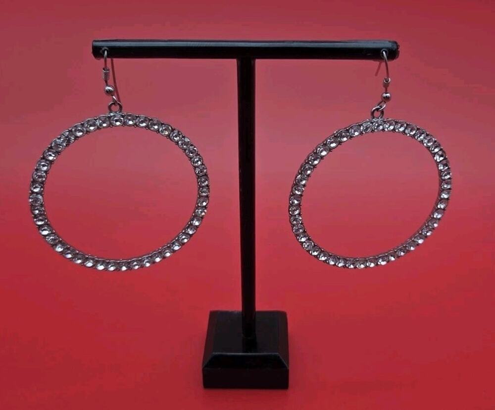 Large Silver Tone Rhinestone Hoop Dangle Earrings Clear Crystal Statement...